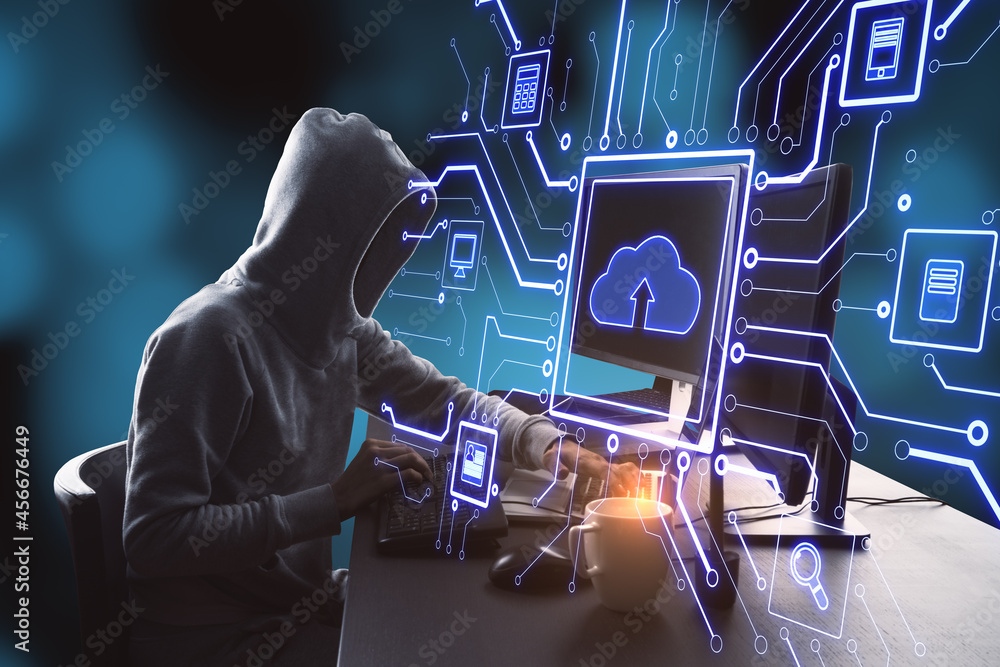 Poster Hacker at desktop using computers with abstract glowing circuit cloud computing interface on blurry blue bokeh background. Information, technology, hacking and network concept.