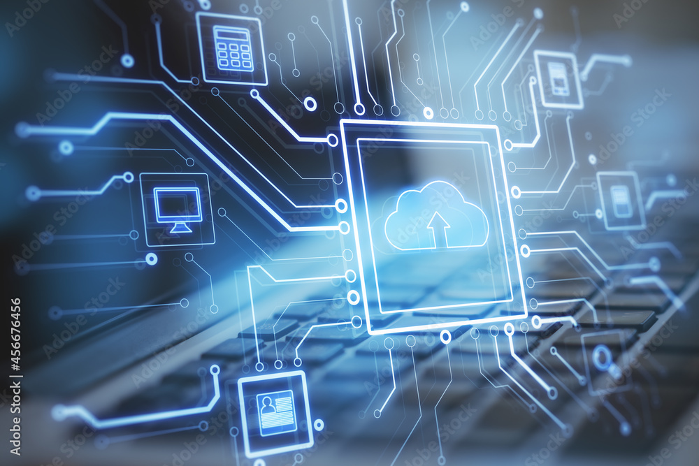 Poster Close up of laptop computer at desktop with abstract glowing circuit cloud computing interface on blurry blue bokeh background. Information, technology and network concept.