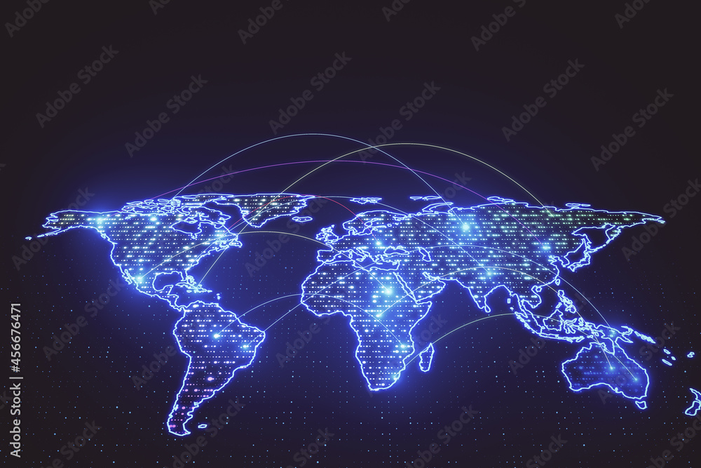 Poster Creative glowing map interface on dark background. Technology, network and online data concept. 3D Rendering.