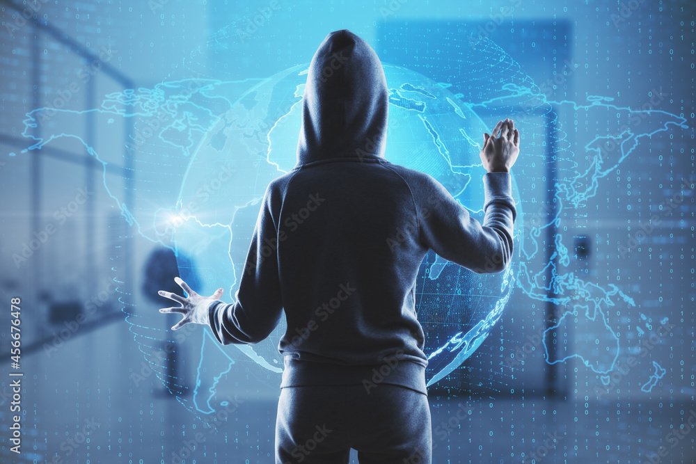 Poster Hacker in blurry office interior using creative glowing globe interface on dark background. Technology, network, hacking, theft and online data concept.