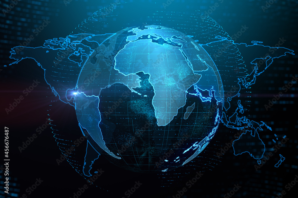Poster Creative glowing globe interface on dark background. Technology, network and online data concept. 3D Rendering.