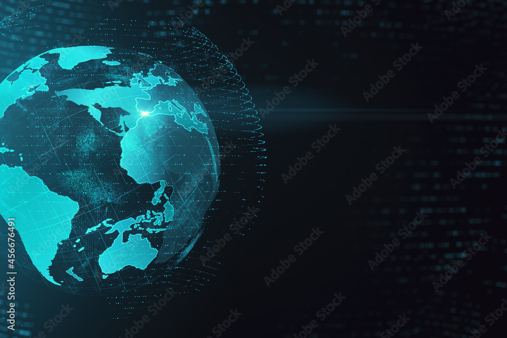 Poster creative glowing globe interface on dark background with mock up place. technology, network and onli