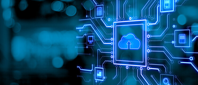 Abstract glowing circuit cloud computing interface on blurry blue bokeh background with mock up place. Information, technology and network concept. 3D Rendering.