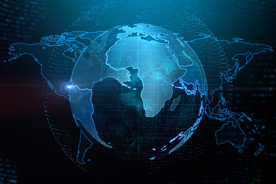 Creative glowing globe interface on dark background. Technology, network and online data concept. 3D Rendering.