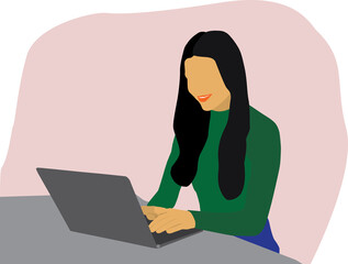 woman working on laptop. Flat style. Good for image work, office, hiring staff. Vector illustration