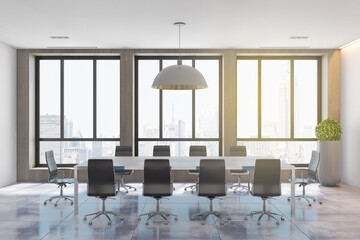 Modern concrete and wooden conference room interior with city view, sunlight, equipment and furniture. 3D Rendering.