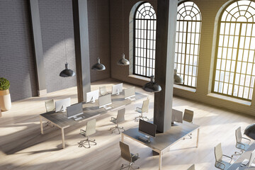 Luxury brick and wooden coworking office interior with city view, sunlight, equipment and furniture. 3D Rendering.