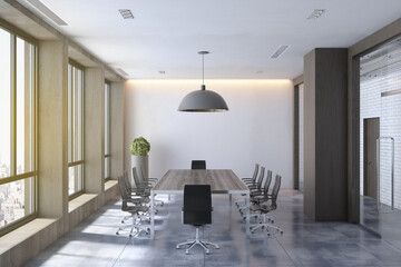 Modern concrete and wooden meeting room interior with city view, sunlight, equipment and furniture. 3D Rendering.