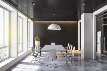 Modern concrete and wooden boarding room interior with city view, sunlight, equipment and furniture. 3D Rendering.