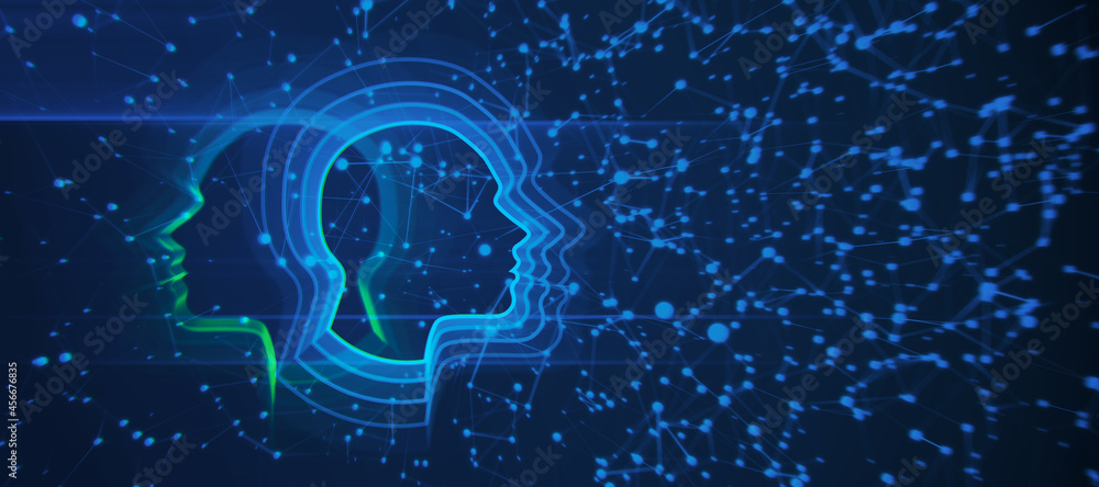 Poster Creative artificial intelligence background with head outline and polygonal mesh. AI, machiner learning and digital transformation concept. 3D Rendering.