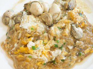 Oyster Omelette served with chili sauce,Thai food