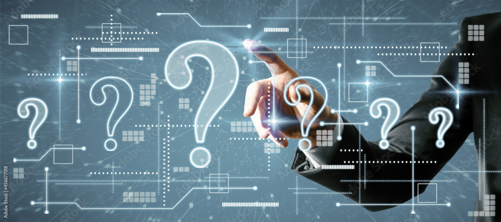 Poster businessman hand pointing at creative glowing question marks interface on blue background. technolog