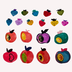 Fruits. Watercolor fruits painted in a naive childish style. Apples, strawberries, raspberries. Isolated vector objects.