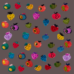 Fruits. Watercolor fruits painted in a naive childish style. Apples, strawberries, raspberries. Isolated vector objects.