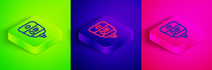 Isometric line IV bag icon isolated on green, blue and pink background. Blood bag. Donate blood concept. The concept of treatment and therapy, chemotherapy. Square button. Vector