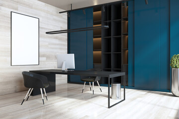 Modern blue and wooden home office interior with workplace, empty white mock up poster, bookcase and daylight. 3D Rendering.