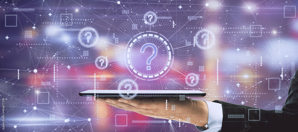 Poster businessman hands holding tablet with creative glowing question marks interface on blurry background