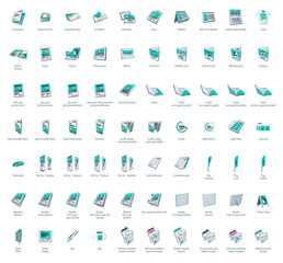 Set of vector printing icons. Brochure, business card, flyer, magazine, postcard, poster, banner, rollup, sticker, mug, folder, other print shop products. Promotion print advertising materials. 