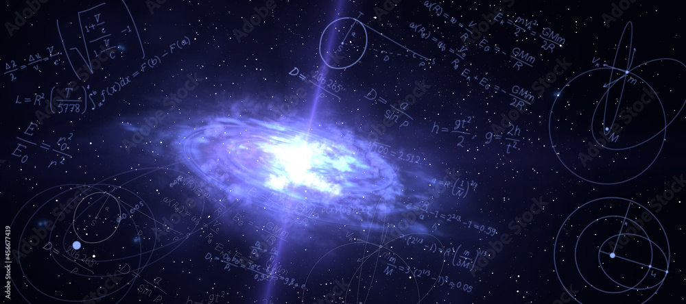 Poster Creative space sky background with mathematical formulas. Landing page and cosmos concept.