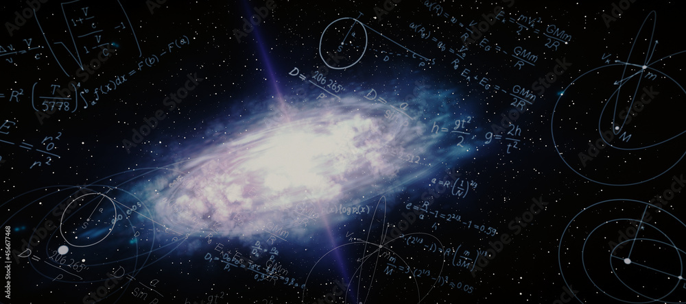 Poster Creative space sky background with mathematical formulas. Landing page and cosmos concept.