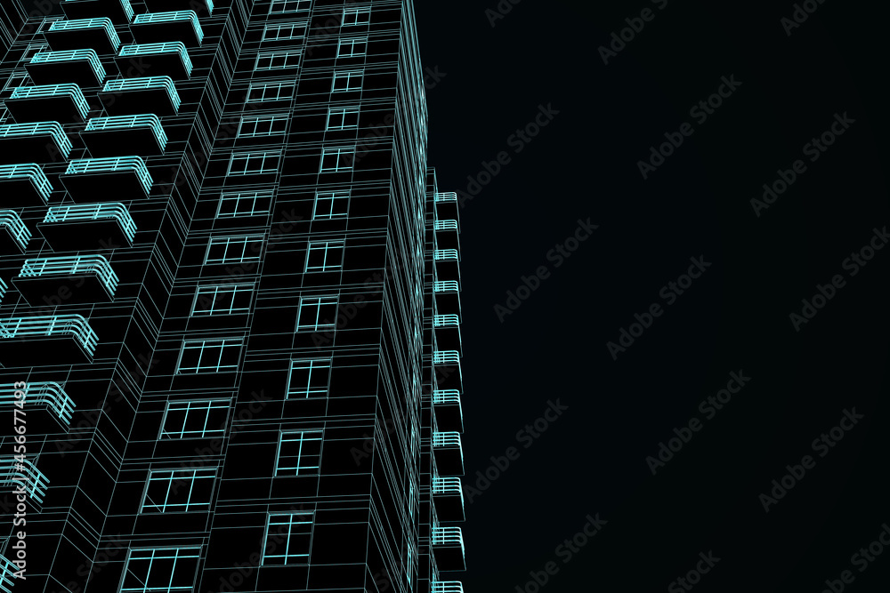 Poster creative linear building project on black background with mock up place. architecture, construction 