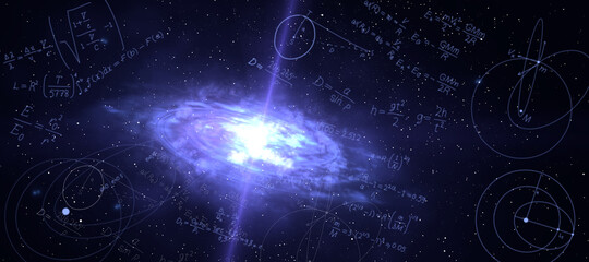 Creative space sky background with mathematical formulas. Landing page and cosmos concept.