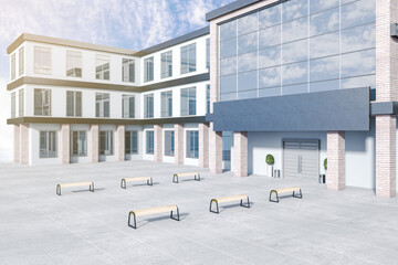 Creative modern building exterior with empty gray mock up header, benches, glass with reflections and daylight. 3D Rendering.