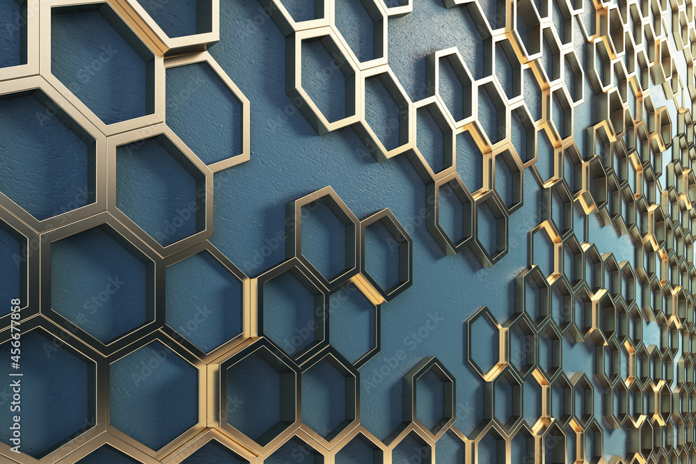 Fototapete abstract blue and golden hexagonal background. landing page concept. 3d rendering.