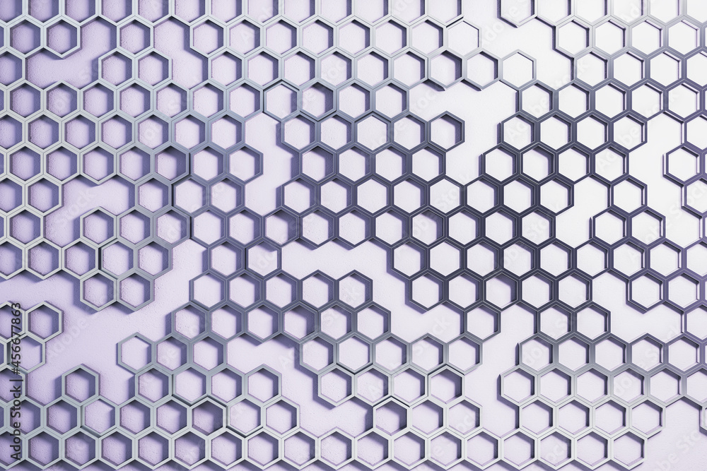 Poster Creative purple hexagonal background. Landing page concept. 3D Rendering.