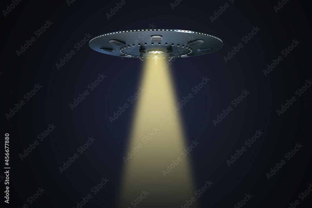 Poster Abstract UFO with light on dark background with mock up place. Spaceship, technology and mystery concept. 3D Rendering.