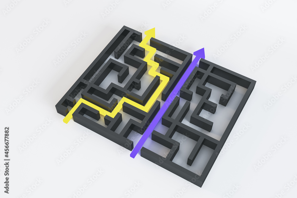 Poster Abstract maze with arrows on white background. Easy way, solution and complication concept. 3D Rendering.