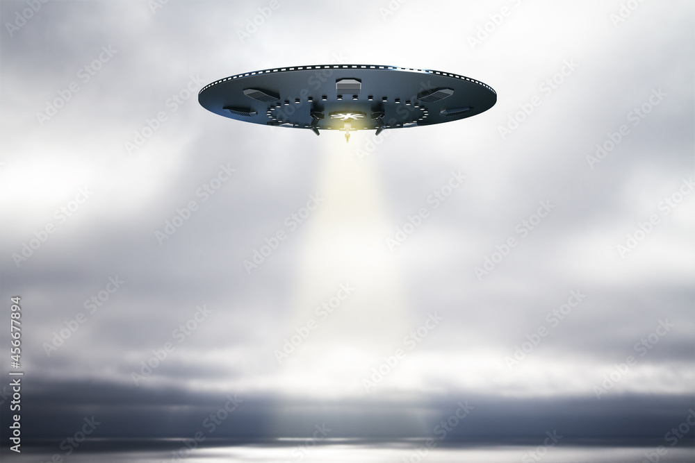 Aufkleber abstract ufo with light on sky background. spaceship, technology and mystery concept. 3d rendering.