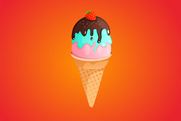 Ice cream cone with nuts, chocolate and strawberries. flat ice cream illustration