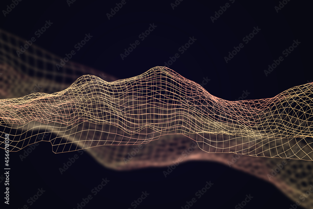 Poster Abstract pink mesh terrain background. Technology and science concept. 3D Rendering.