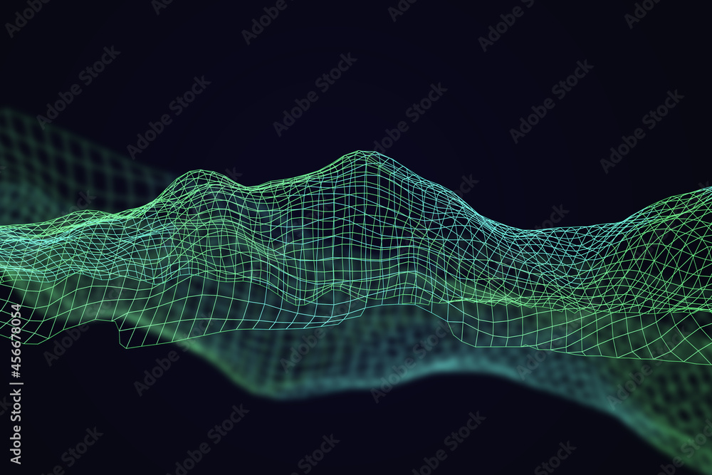Poster abstract green mesh terrain background. technology and science concept. 3d rendering.