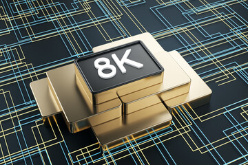Creative 8K chip on tech background. Ultra resolution concept. 3D Rendering.