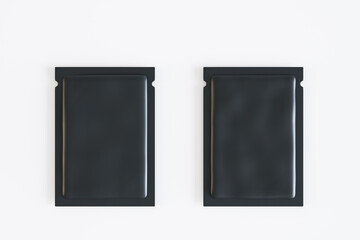 Empty two black product packets on white background. Mock up, 3D Rendering.