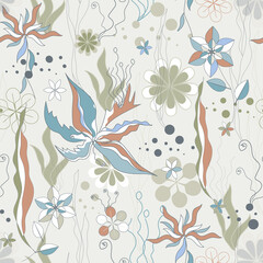 Fantastic flowers seamless pattern, folklore vector floral background for fabric and textile.