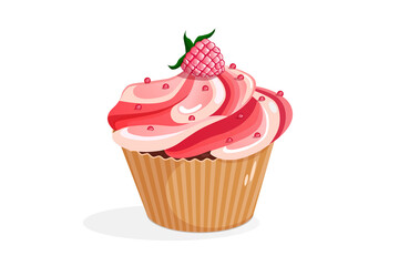 Cupcake with raspberries on a white background. illustration of a cupcake. Baking concept. Cupcake for advertising, banner template, flyer, birthday card