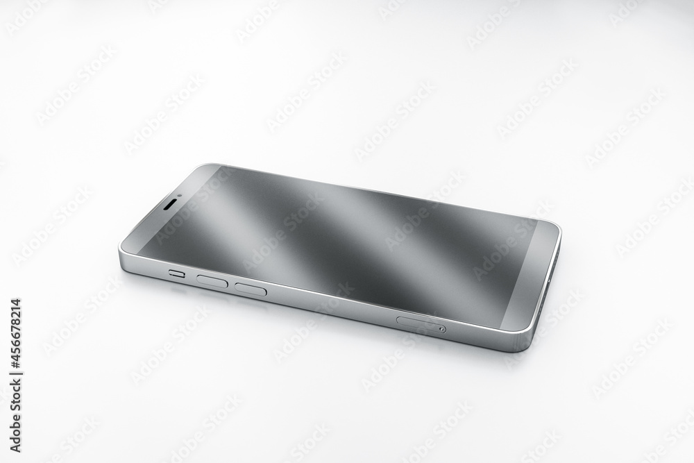Poster Empty cellular phone with reflections on white background. Technology and device concept. 3D Rendering.