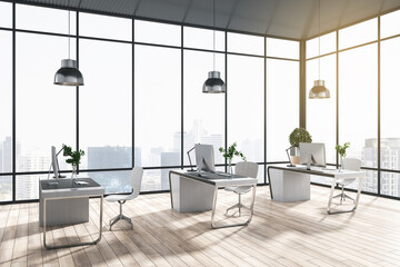 Modern coworking office interior with window and bright city view, desks, computer, monitors, chairs and wooden flooring with shadows. 3D Rendering.