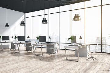 New coworking office interior with window and bright city view, desks, computer, monitors, chairs and wooden flooring with shadows. 3D Rendering.