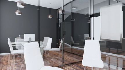 Open space office interior with like conference room. Mockup. 3D rendering.