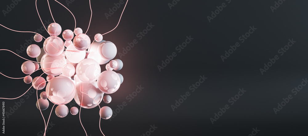 Poster abstract panoramic image of pink microbe or neurons on dark background with mock up place. medicine 