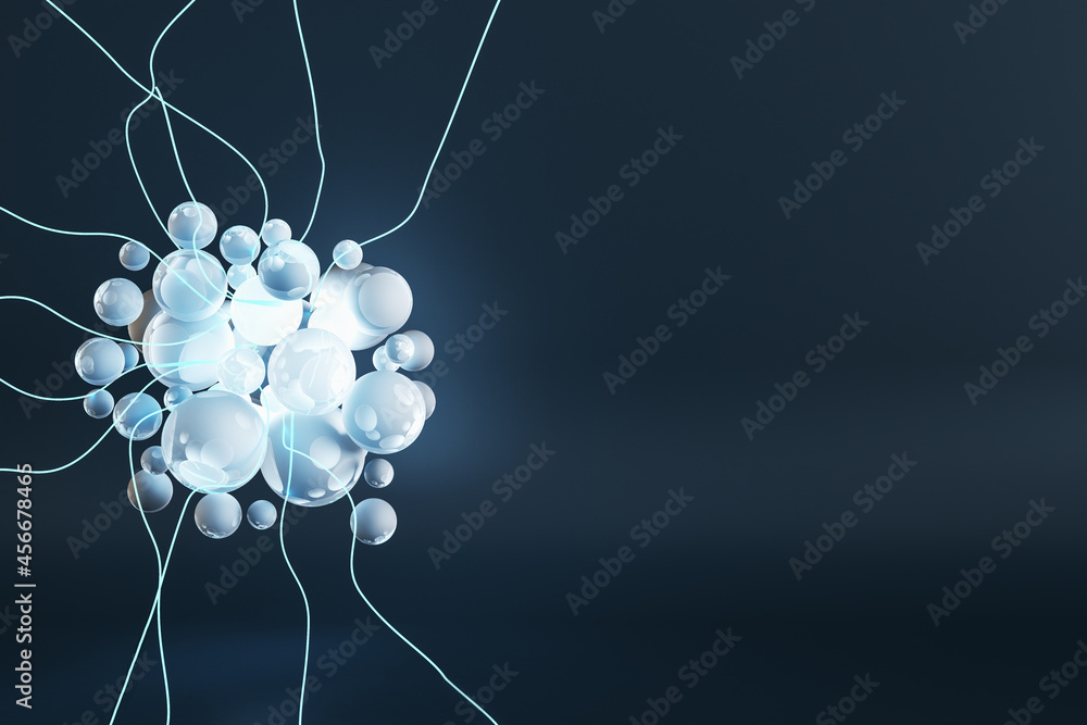 Poster abstract image of blue microbe or neurons on dark background with mock up place. medicine and biolog