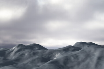 Abstract background with black hills/mountains and dull cloudy sky. 3D Rendering.