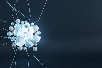 Abstract image of blue microbe or neurons on dark background with mock up place. Medicine and...