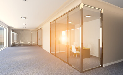 Modern office Cabinet.  3D rendering.   Meeting room. Sunset.