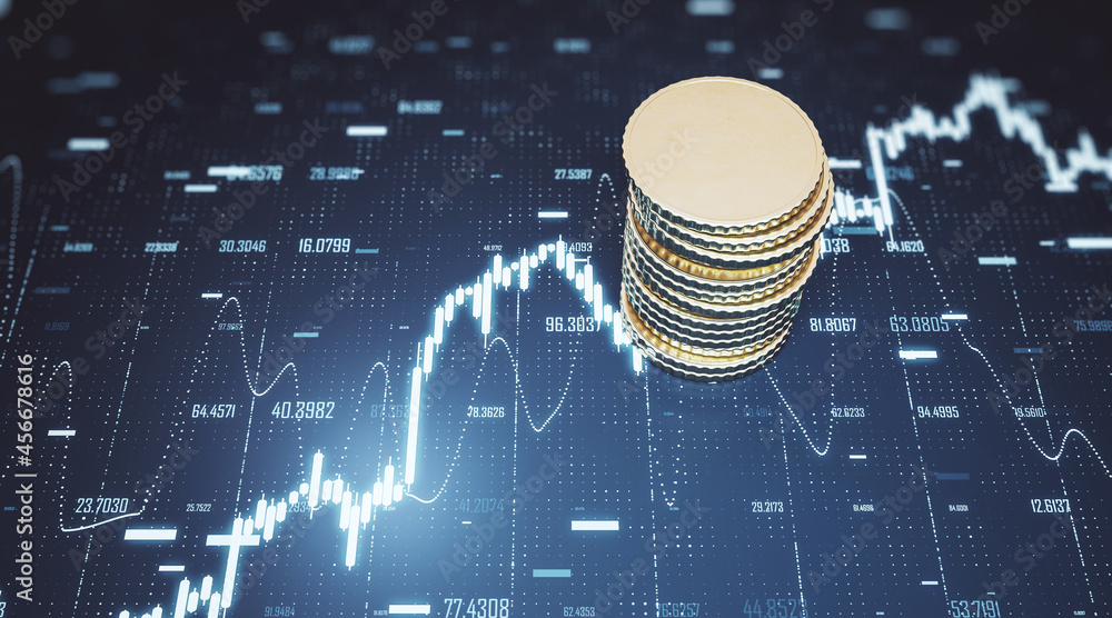 Poster top view of clean mockup golden coins stack on blue grid background with forex chart. finance and tr