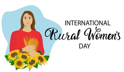 Rural womens day banner. Farm woman in sunflowers holding spikelets of wheat. Woman farmer event vector illustration.